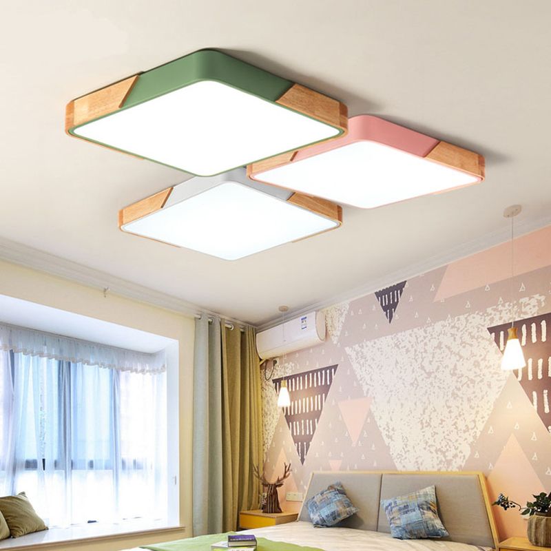 Plafonnier carré de chambre à coucher, éclairage encastré vert nordique avec abat-jour en bois et acrylique pour enfants