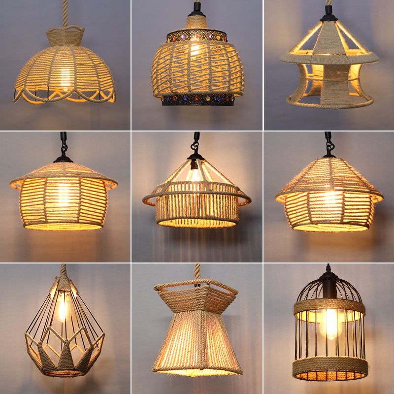 Single Cage Shade Pendulum Light Country Style Wood Rope Suspension Light for Restaurant