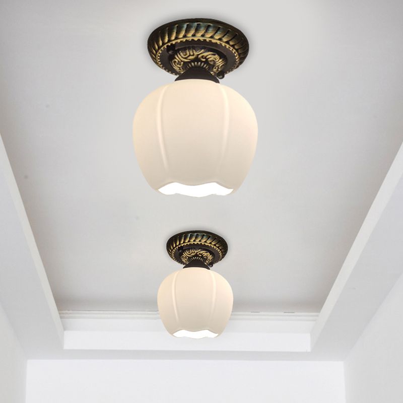Country Blossom Ceiling Flush Single Bulb Milky Glass Flush Mount Lighting in Brown