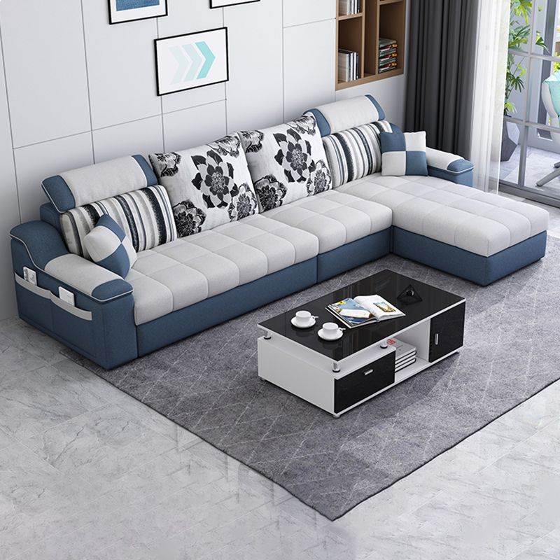 Pillow Top Linen Sofa & Chaise 31.5" H Loose Back Sofa in Grey and Blue