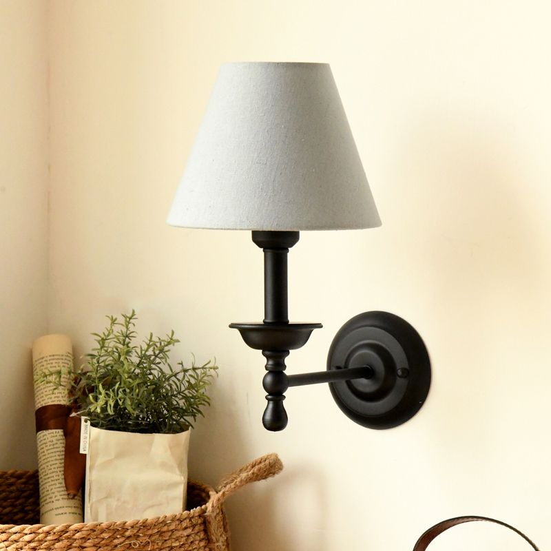 1 Light Metal Wall Light Traditional Gray-Blue/White Fabric Cone Shade Bedroom Sconce Light