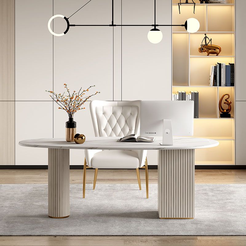 Irregular Shape Office Desk White Office Writing Desk with Metal Legs with 3-drawer