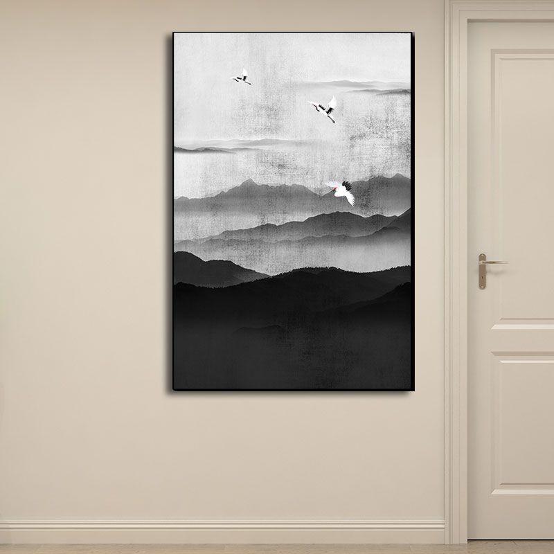 Cloudy Mountain View Canvas Art Asian Textured Wall Decor in Black for Sitting Room