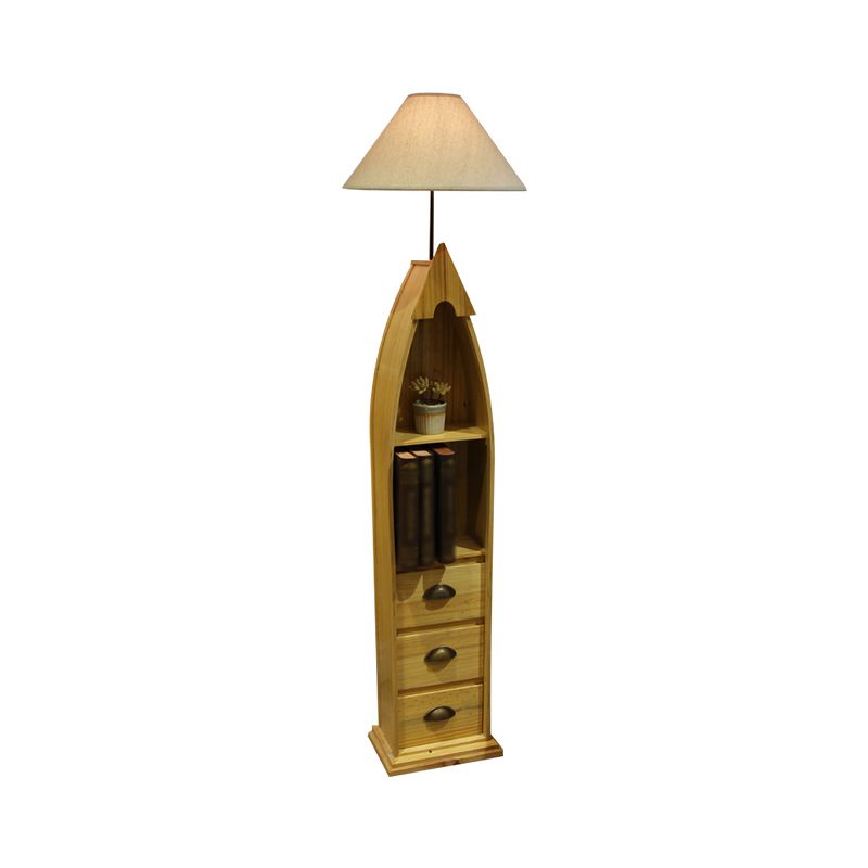 Conical Fabric Floor Lighting Kid 1-Bulb White/Yellow/Wood Ship Standing Lamp with Shelf and Drawer