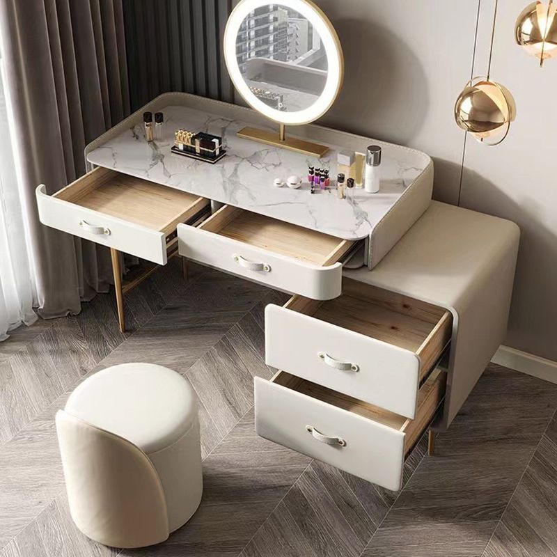 Beige 3/4-Drawers Dressing Table Faux Leather Make-up Vanity Desk