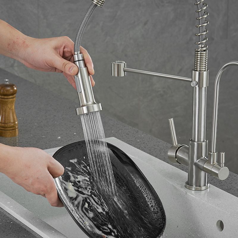 Modern Spring Spout Kitchen Faucet 2-Handle Bar Faucet with 2-Dispenser