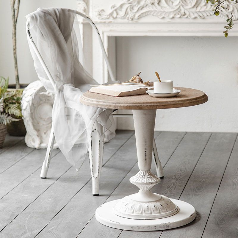 French Country Solid Wood Round Metal Pedestal Single Coffee Table