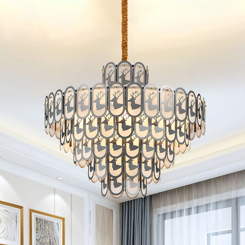 Lustre à plusieurs niveaux à plusieurs niveaux Light Light moderne 12/16 lumières à la baisse de l'éclairage en nickel avec motif de wapiti