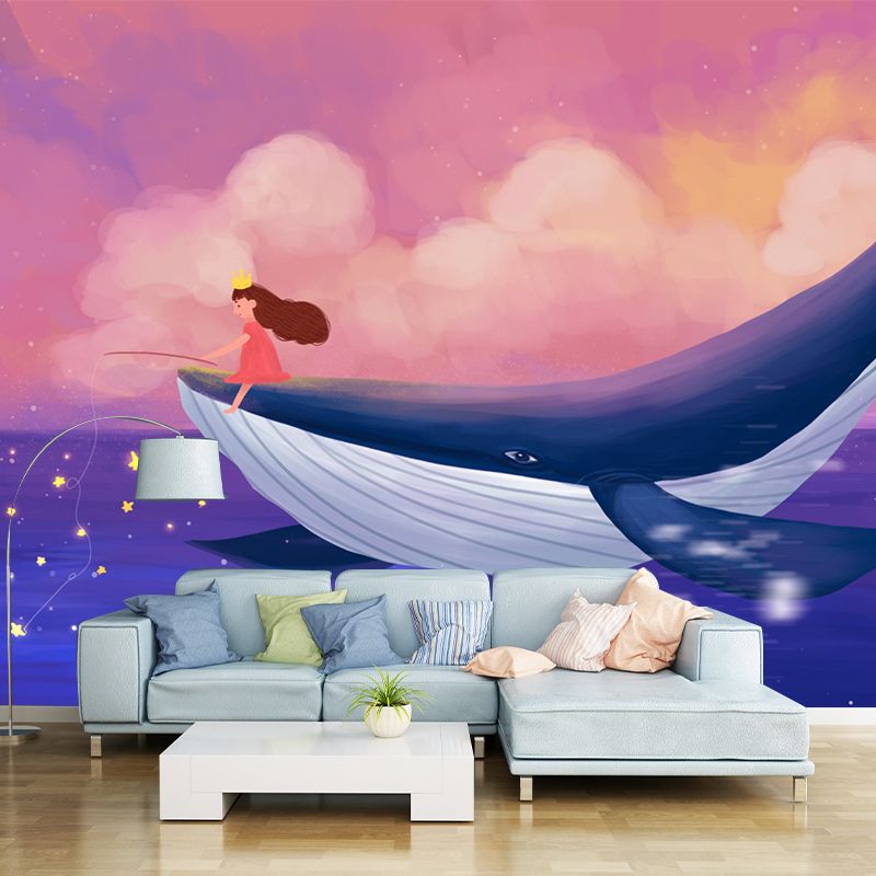 Girl Fishing on Whale Mural Pink-Blue Childrens Art Wall Covering for Kids Bedroom