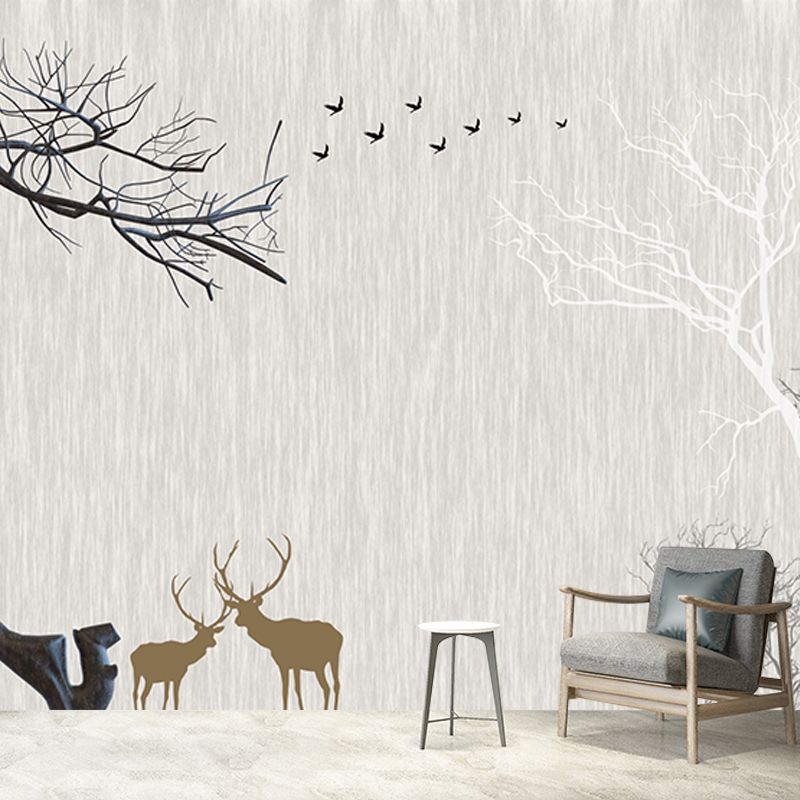 Whole Nordic Style Mural Wallpaper Grey Deer and Naked Trees Wall Covering, Personalized Size