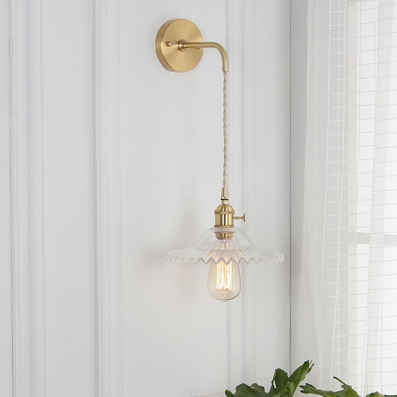 Scalloped Clear/Opal Glass Wall Mounted Lamp Industrial Single Bulb Bedroom Sconce Light in Brass