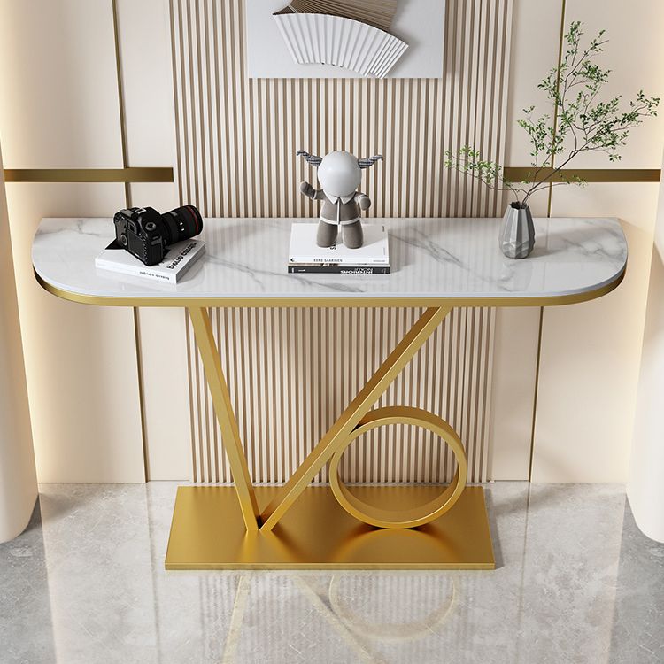 Contemporary Stone Console Accent Table Half Moon Iron End Table for Hall