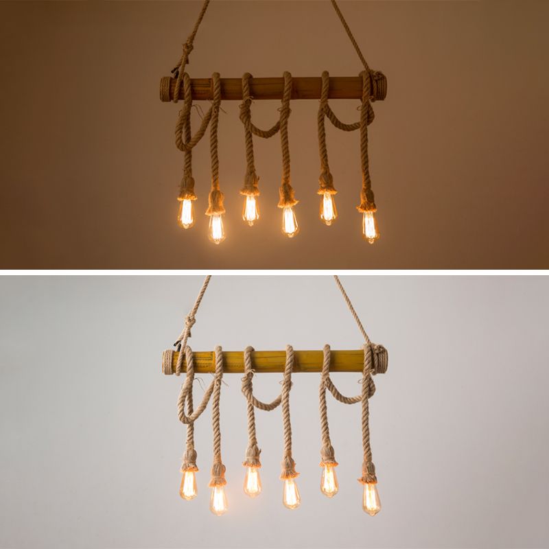 Brown Bamboo Island Pendant Light in Industrial Retro Style Hemp Rope Ceiling Light for Restaurant