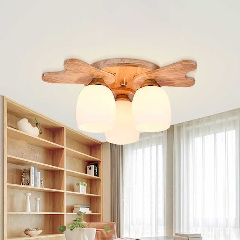 Cream Glass Bell Flush Ceiling Light Nordic 1/5/7-Head Semi Mount Lighting with Antler Top in Wood