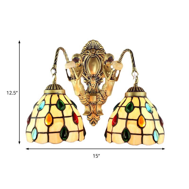 Jeweled Beige Glass Sconce Light Fixture 2 Heads Brass Wall Mount Light for Bedroom