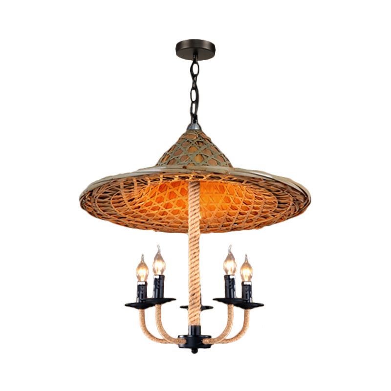 Candle Chandelier Lighting with Hat Design Lodge Style Rattan 5 Lights Beige Hanging Lamp for Dining Room
