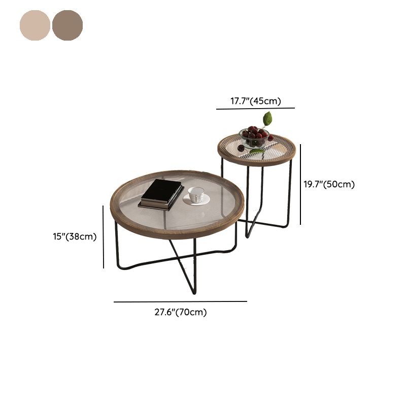 Round Glass Top Coffee Table Set Frame Cocktail Table with Wood Accent
