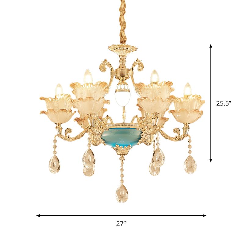 Gold Floral Chandelier Lighting Mid Century Frosted Glass 6/8 Heads Bedroom Pendant with Crystal Drop