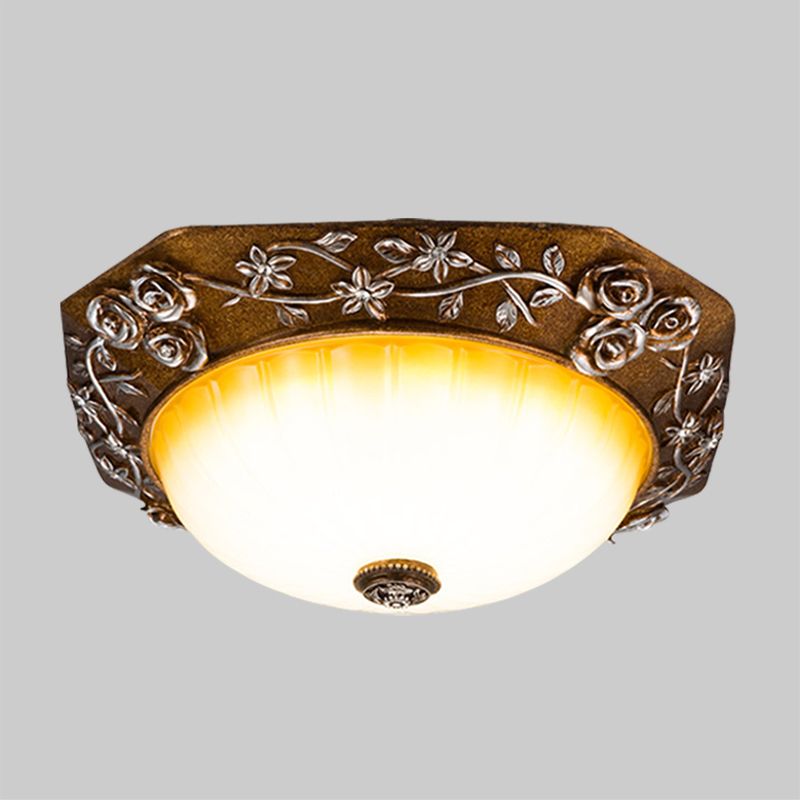 Milky Fluted Glass Round Flush Mount Traditional Dining Room LED Ceiling Light Fixture with Carving Bloom Decor in Brown, 14"/16" Wide