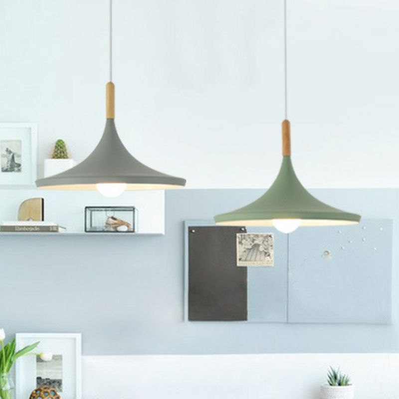 Tapered Shade Hanging Lamp Macaron Aluminum 1 Bulb Bedside Pendulum Light with Wooden Top
