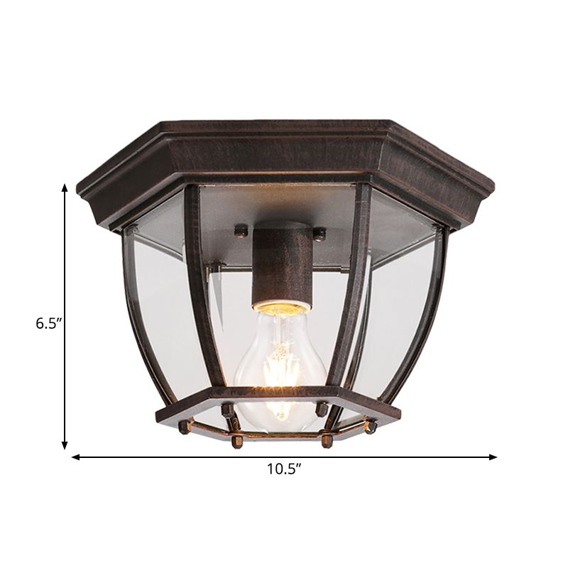 1 Bulb Cage Flush Light Traditionary Clear Glass Ceiling Mounted Fixture in Rust for Balcony