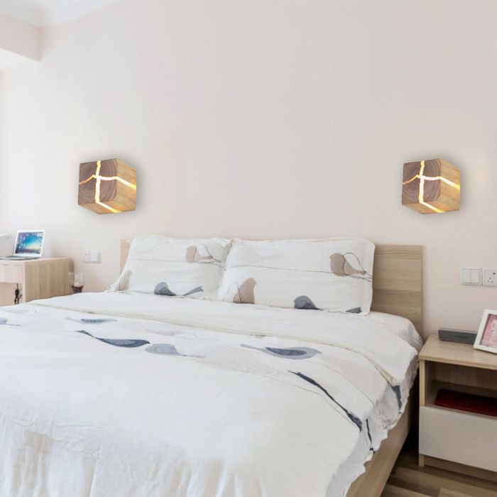 Log Color 1-Light Wall Lamp in Modern Minimalist Wooden Square Wall Light for Bedroom