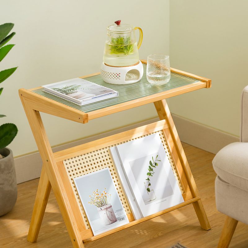 Contemporary Glass Top Accent Side Table for Living Room with Bamboo Base