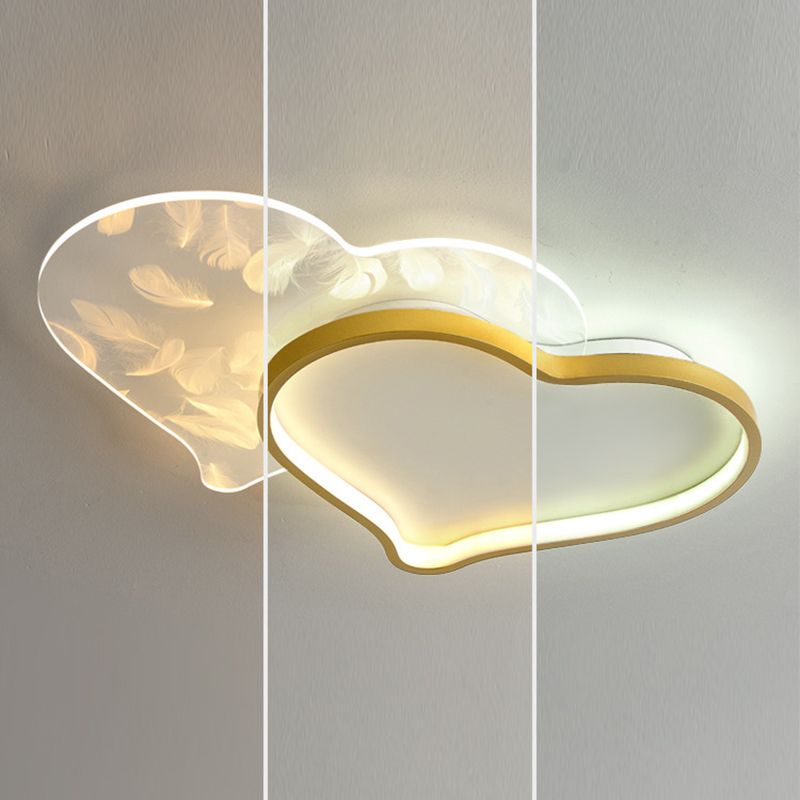 Nordic Double-Heart Shaped Flush Light Acryl Schlafzimmer LED Flush Mount Deckenleuchte mit Feder Dekor