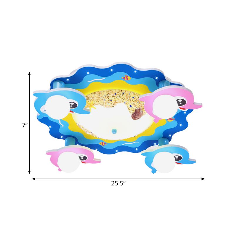 Kids Marine Dolphin Flush Mount Lamp Opal Glass 4-Bulb Kindergarten LED Ceiling Lighting in Blue