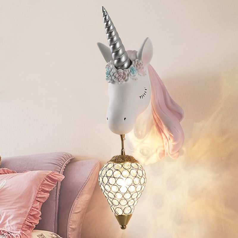 Blue/Pink Teardrop Wall Light Sconce Cartoon 1 Head Crystal Wall Mount Lamp with Unicorn Backplate, Right/Left