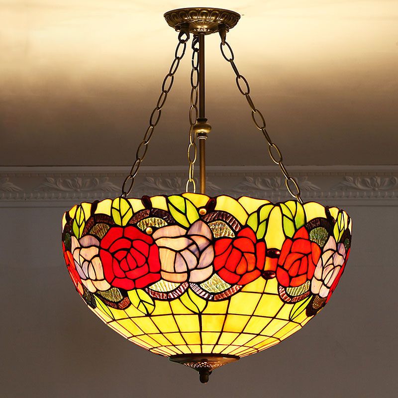 Bowl Shade Suspension Lighting Stained Art Glass Tiffany-Style Pendant Ceiling Light