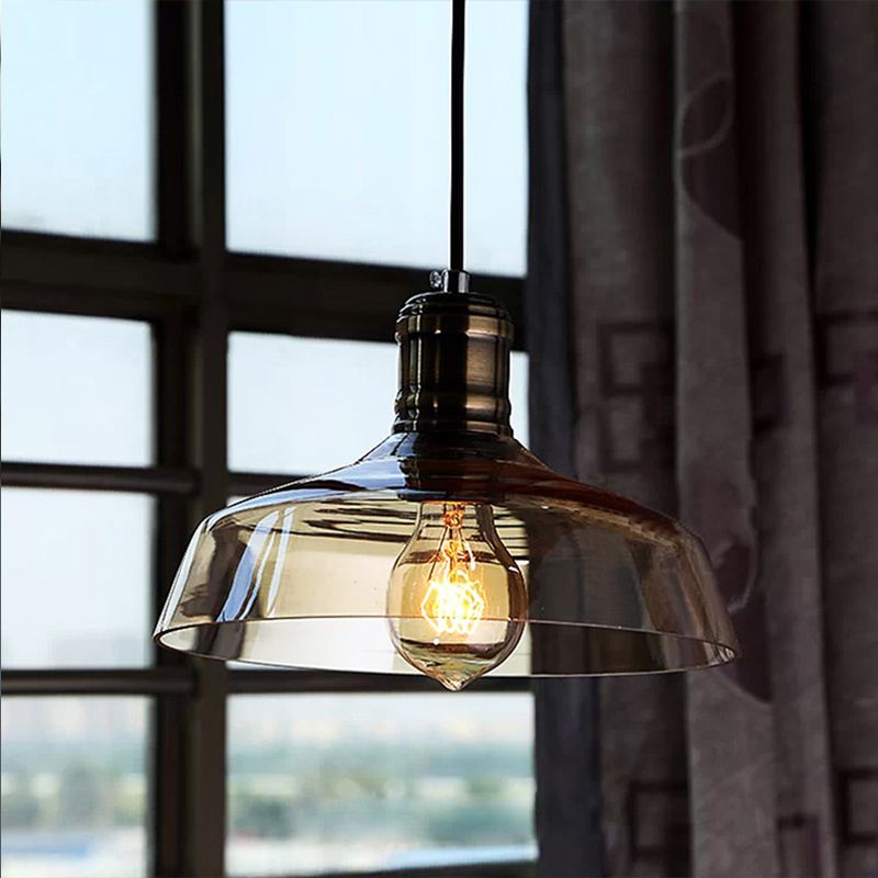 Single Light Hanging Ceiling Light with Barn Shade Clear/Brown Glass Industrial Dining Room Pendant Lighting
