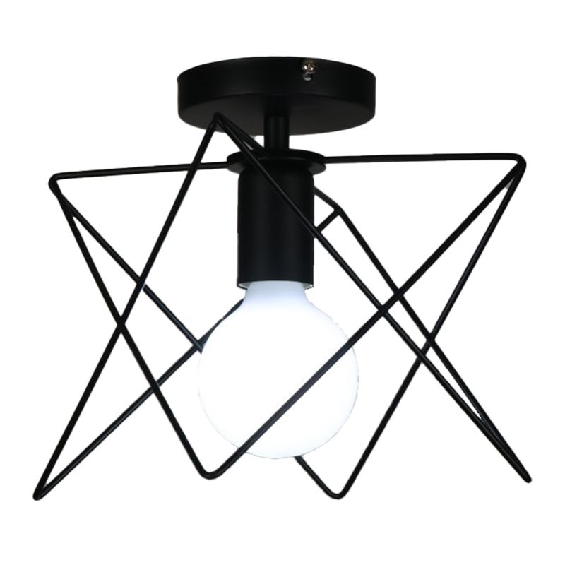 Black 1-Light Semi Flush Ceiling Light in Industrial Vintage Style Wrought Iron Flush Mount with Iron Frame