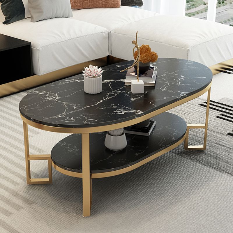 4 Legs Cocktail Table Shelf Included Oval Stone Coffee Table