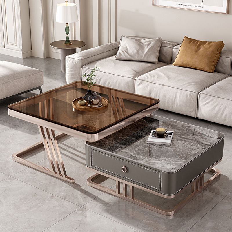 Square Coffee Table Glass Top Coffee Table Set with Golden Legs