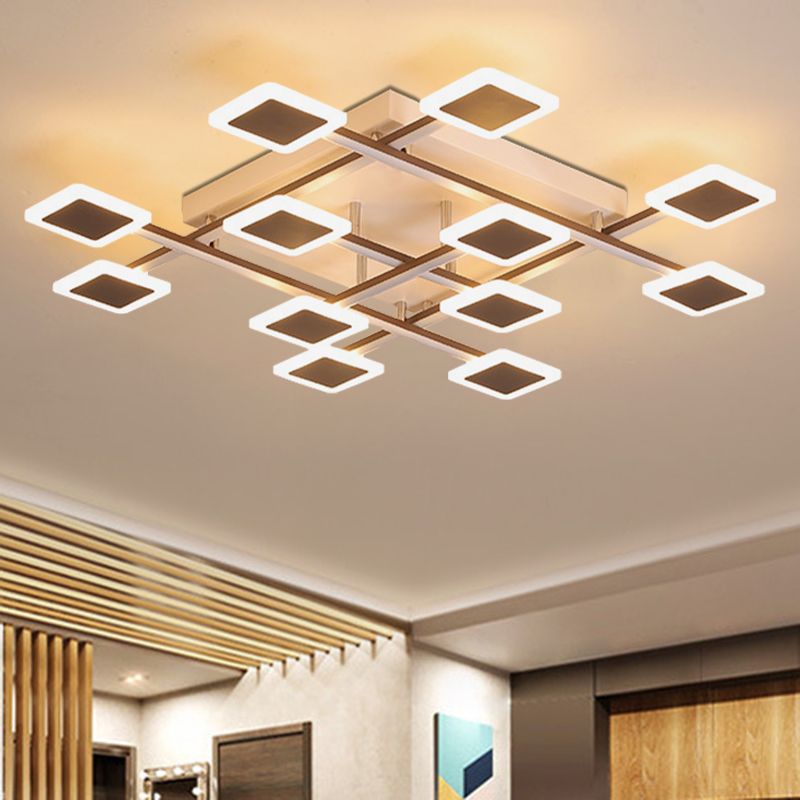 Square Semi-Flush Mount Simple Acrylic 31.5"/35.5" Wide 9/12 Heads Brown Ceiling Light Fixture in Warm/White Light
