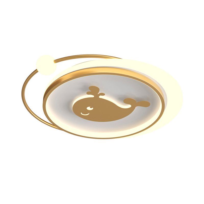 Lámpara circular de techo para habitación de niños, lámpara LED metálica de montaje empotrado en oro con patrón de avión/corazón/delfín