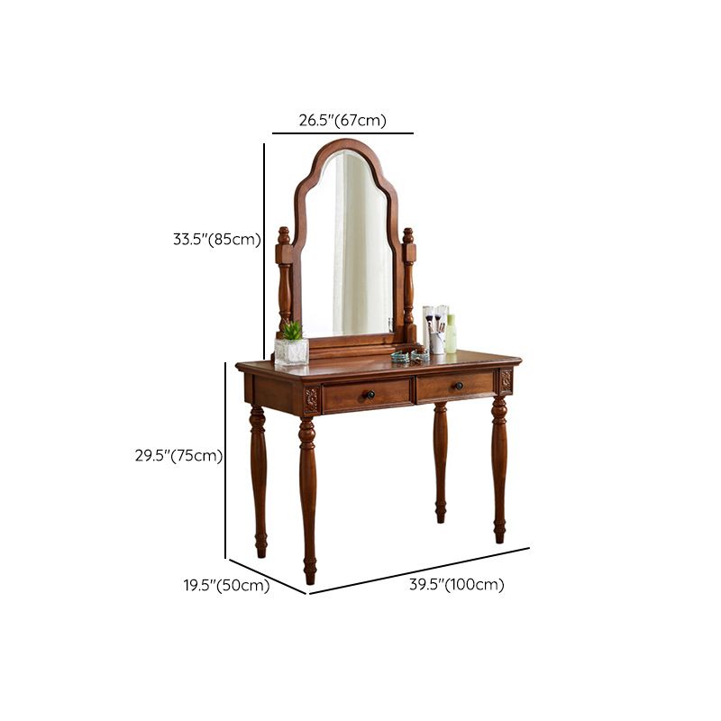 Traditional 2 Drawers Wood Mirrored Makeup Table Desk Vanity in Brown