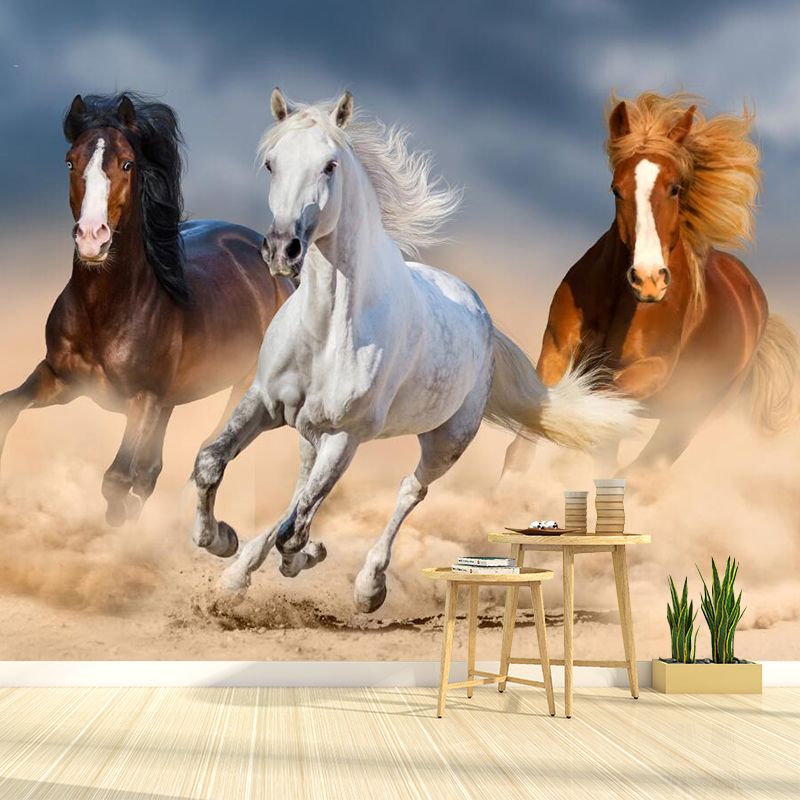 Brown Asia Inspired Wall Covering Custom-Printed Safari Horses Mural for Living Room