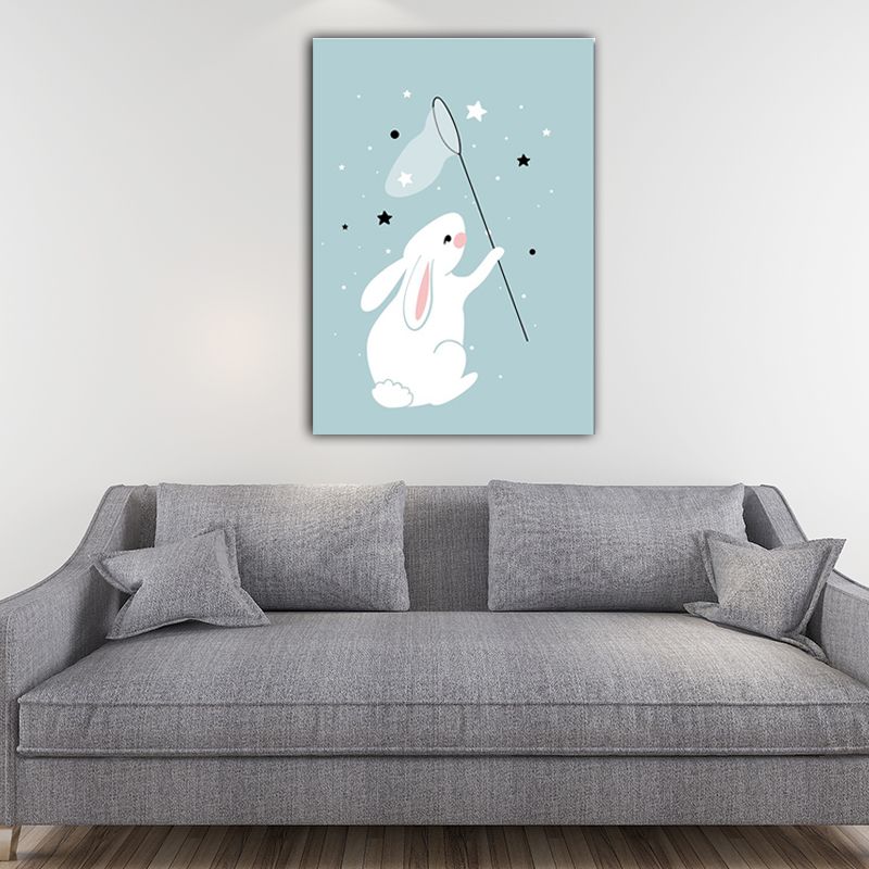 Rabbit Catching Stars Canvas Modern Wall Art Prints in Blue for Drawing Room (Multiple Sizes)