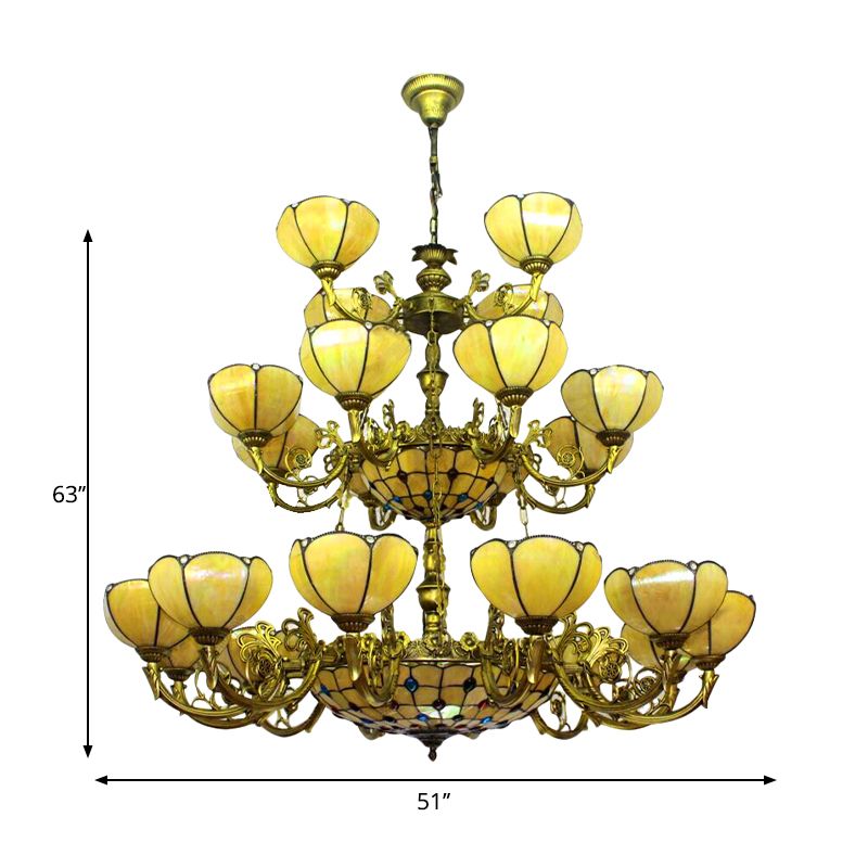 Glass Dome Shade Chandelier Villa Hotel 3-Tier Tiffany Antique Hanging Light in Yellow