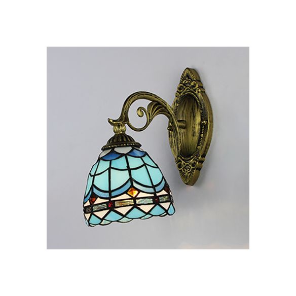 Nautical Wall Sconce with Dome/Swallow-Tail Shape Stained Glass 1 Light Wall Mount Light in Blue
