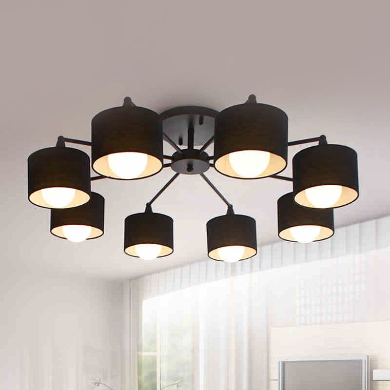 Fabric Sputnik Hanging Ceiling Light Minimalist 8 Lights Black/White/Flaxen Pendant Chandelier for Living Room
