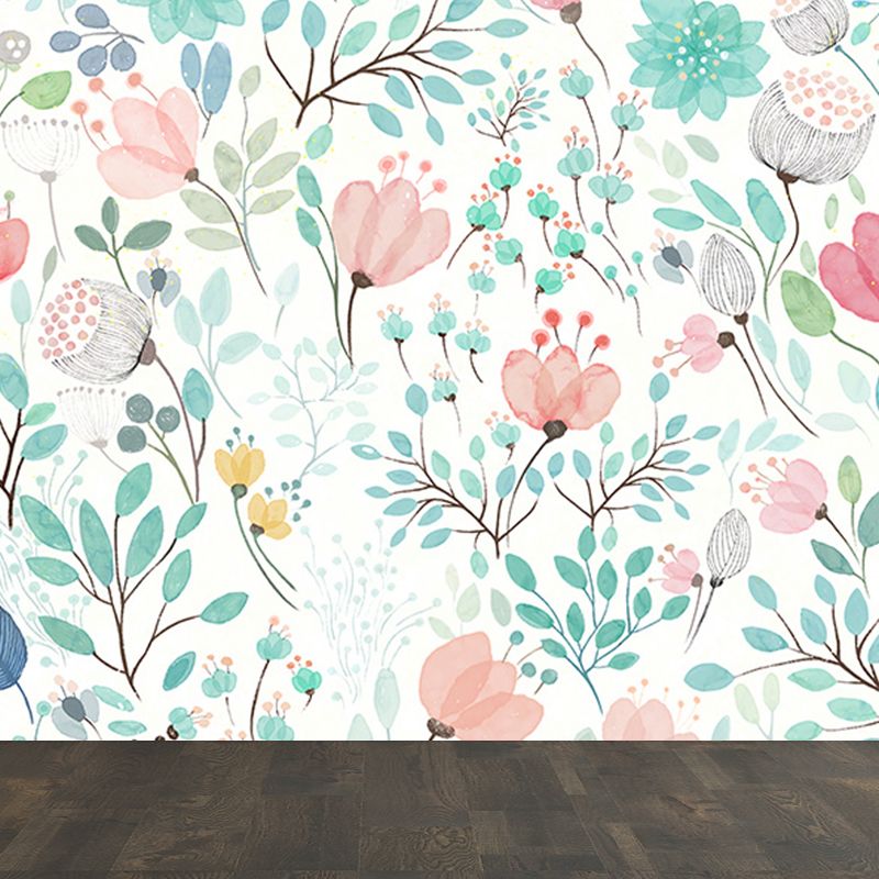 Modern Flower Print Wall Mural Non-Woven Stain Resistant Light Color Wall Art for Kitchen