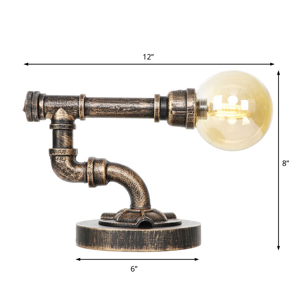 Lampada da lettura a luce singola in argento antico/bronzo. Illuminazione industriale con paralume globo in vetro trasparente/ambrato