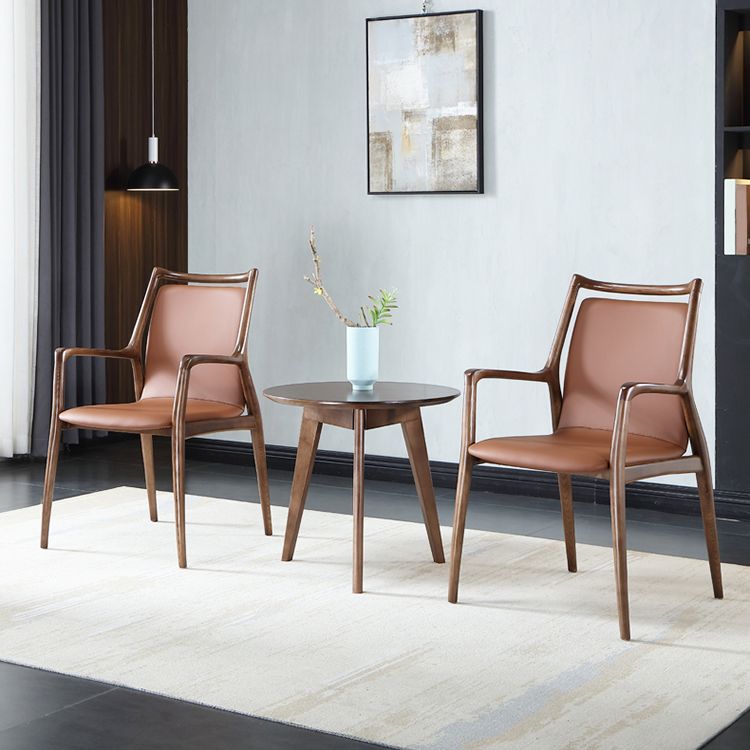 Nordic Style Leather Brown Arm Dining Chair in Solid Wood for Home