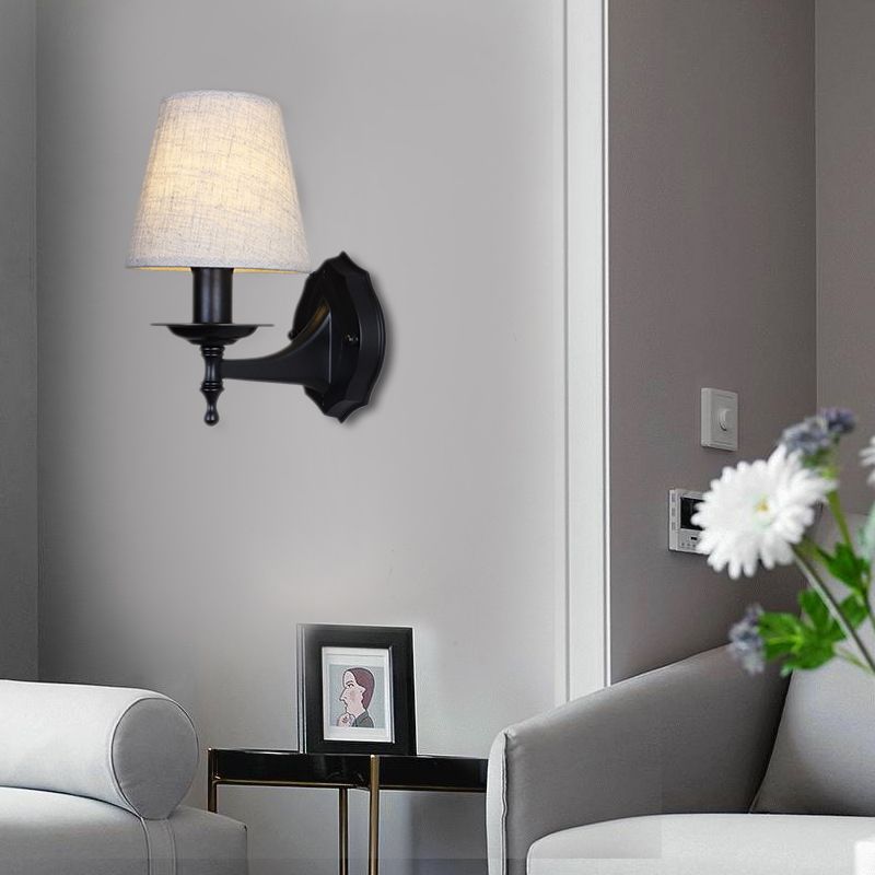 Tapered Bedroom Sconce Light Fixture Rustic Fabric 1/2 Lights Flaxen/White Wall Mounted Light