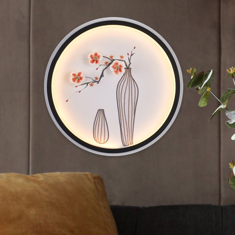 Plum and Vase Dining Room Mural Lighting Ceramic Minimalist LED Circle Wall Mount Lamp in Black