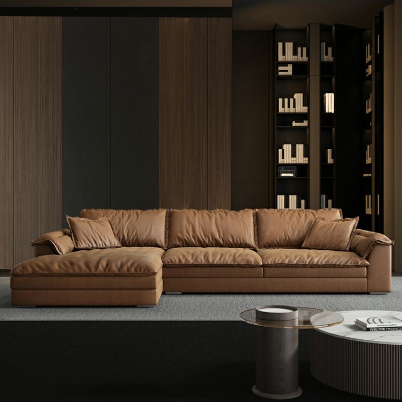Brown Pillow Top Sofa & Chaise Faux Leather Loose Back Sofa - 30.7" H