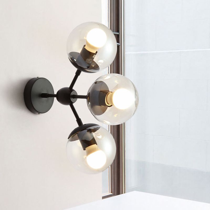 3 Bulbs Spherical Vanity Light Modern Clear Glass Wall Mounted Lighting in Black for Bathroom